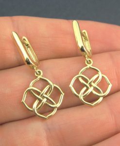 Yellow gold infinity knot earrings, Gold knot dangle earrings