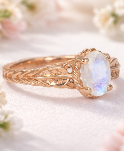 Leaf Moonstone Ring In Rose Gold, Leaves Ring With Rainbow Moonstone - Image 2
