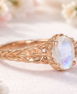 Rose Gold Leaf Moonstone Ring Twisted Rope Nature Inspired Design
