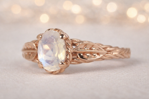 Leaf Moonstone Ring In Rose Gold, Leaves Ring With Rainbow Moonstone