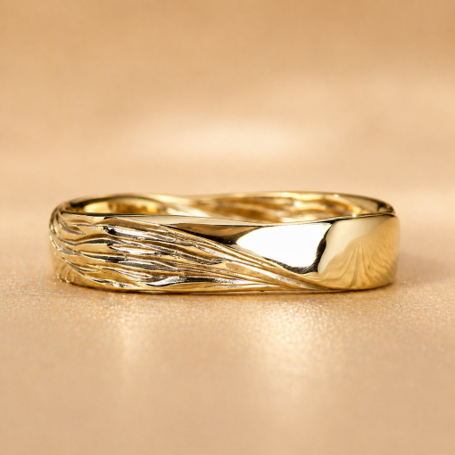 Solid Gold Mobius Mens Wedding band, Wood Texture Band