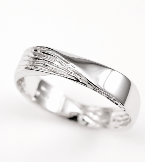 Solid Gold Mobius Mens Wedding band, Wood Texture Band
