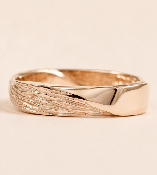 Solid Gold Mobius Mens Wedding band, Wood Texture Band