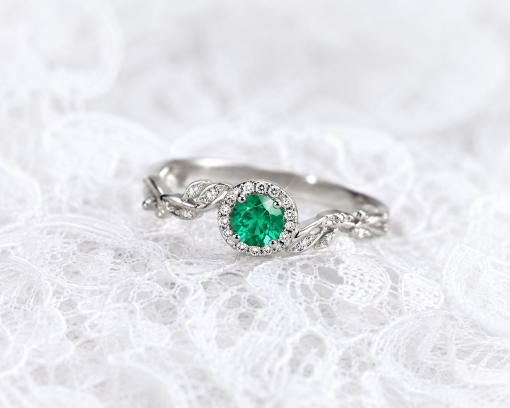 Natural Emerald Nature Inspired solid gold Halo Engagement Ring