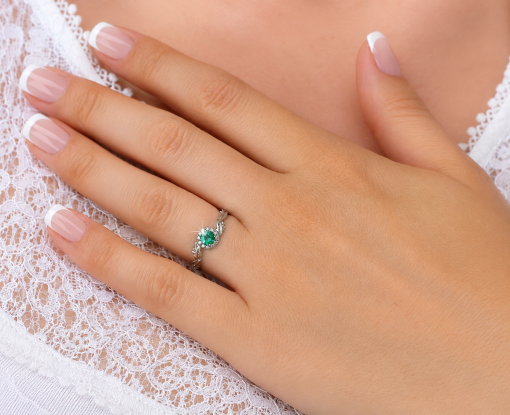 Natural Emerald Nature Inspired solid gold Halo Engagement Ring