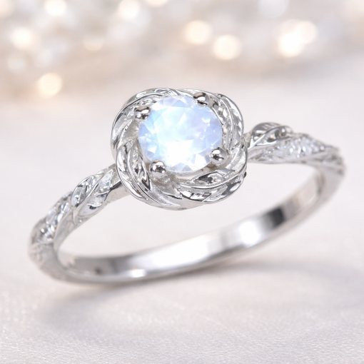Moonstone Engagement Ring, Rainbow Moonstone Floral Ring Moonstone Engagement Ring, Rainbow Moonstone Floral Ring