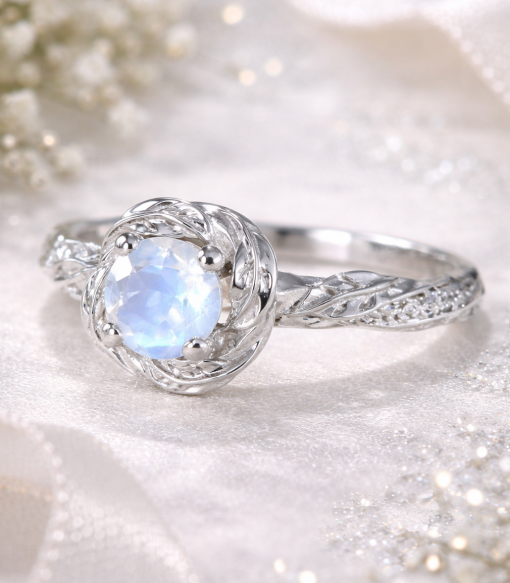 Moonstone Engagement Ring, Rainbow Moonstone Floral Ring Moonstone-Engagement-Ring
