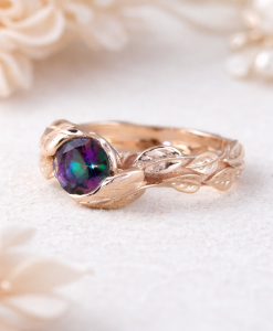 Rainbow Mystic Topaz Gold Ring, Mystic Topaz Leaf 14k Yellow Gold Ring - Image 9