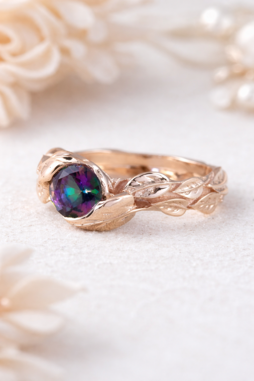 Rose Gold Mystic Topaz Gold Ring, Mystic Topaz Leaf 14k Gold Ring Rose Gold Mystic Topaz Gold Ring, Mystic Topaz Leaf 14k Gold Ring