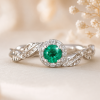 Natural Emerald Nature Inspired solid gold Halo Engagement Ring