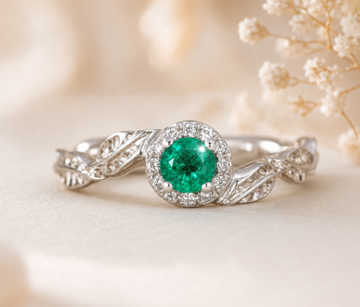 Natural Emerald Nature Inspired solid gold Halo Engagement Ring