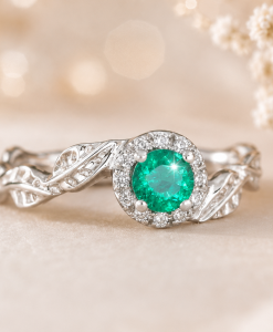Natural Emerald Nature Inspired solid gold Halo Engagement Ring - Image 8