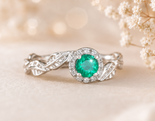 Natural Emerald Nature Inspired solid gold Halo Engagement Ring