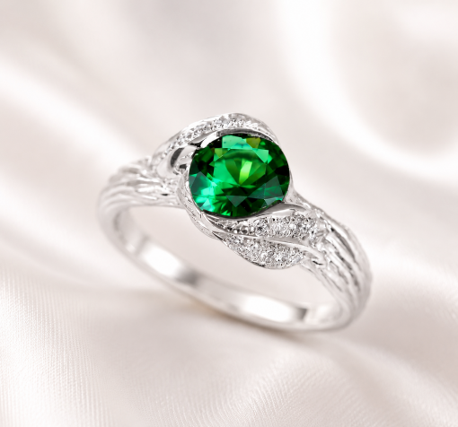 Rose Gold Leaves Engagement Ring, Emerald Engagement Ring