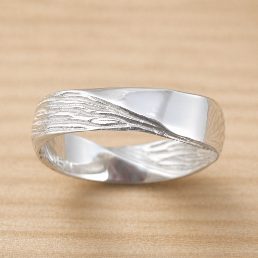 Solid Gold Mobius Mens Wedding band, Wood Texture Band