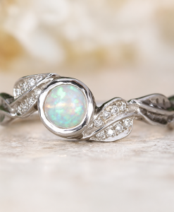 Natural Opal Engagement Ring, Nature Inspired Leaf Ring Antique Vintage Promise Ring