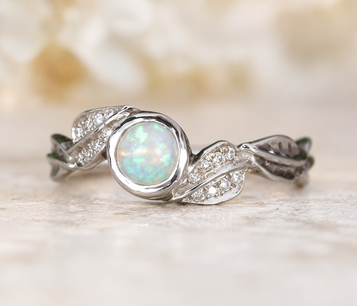 Natural Opal Engagement Ring, Nature Inspired Leaf Ring Antique Vintage Promise Ring Natural Opal Engagement Ring, Nature Inspired Leaf Ring Antique Vintage Promise Ring