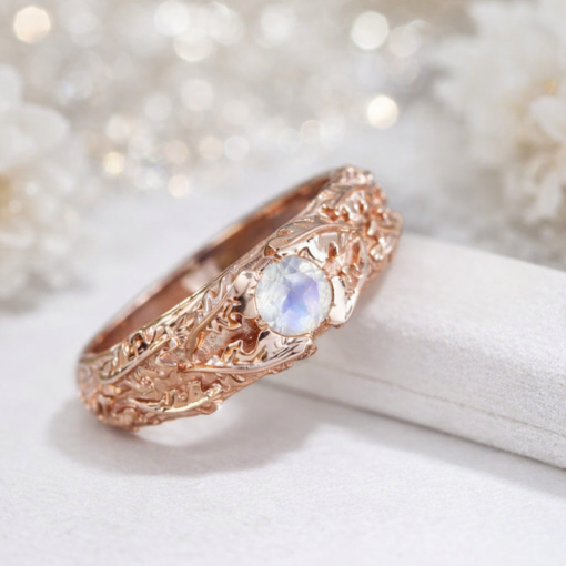 Rose gold moonstone ring, Nature inspired ring moonstone oak ring