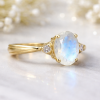 Vintage Moonstone Antique Engagement Ring, Three Stone 18K Oval Moonstone Rose Gold Ring