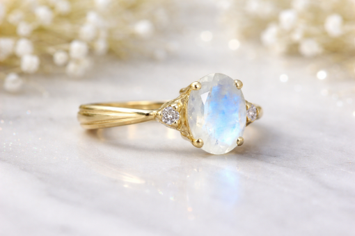 Vintage Moonstone Antique Engagement Ring, Three Stone 18K Oval Moonstone Rose Gold Ring