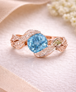 Blue Topaz Leaf Engagement Ring, Antique Diamond Leaves Engagement Ring - Image 9