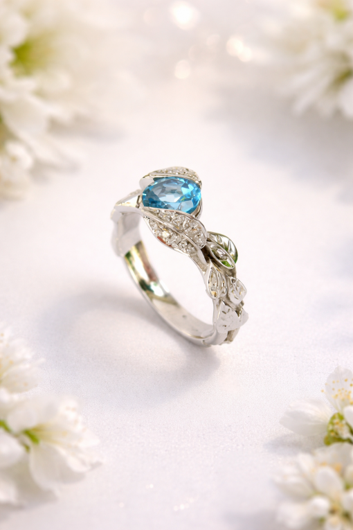 Blue Topaz Leaf Engagement Ring
