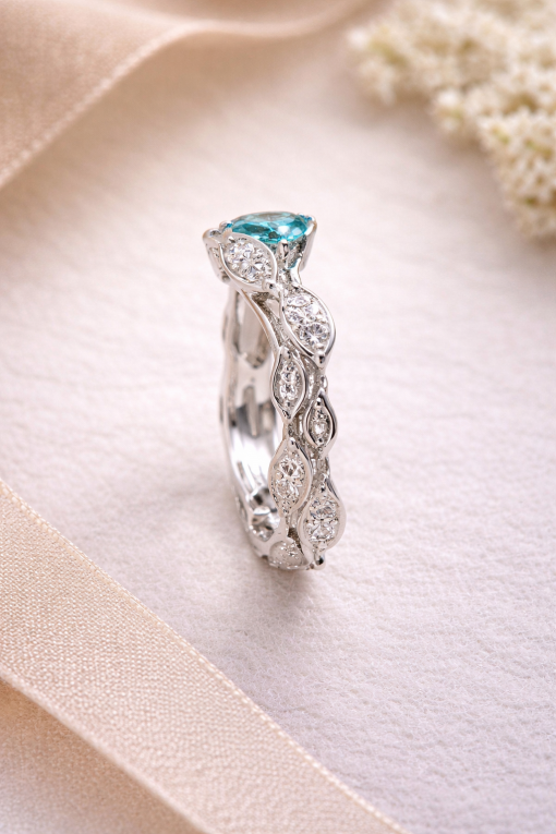 Blue Topaz Leaf Engagement Ring, Antique Diamond Leaves Engagement Ring