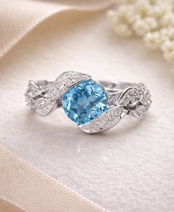 Blue Topaz Leaf Engagement Ring, Antique Diamond Leaves Engagement Ring - Image 12