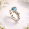 Blue Topaz Leaf Engagement Ring, Antique Diamond Leaves Engagement Ring