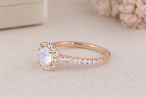 Diamond halo rainbow moonstone engagement ring, Diamond rose gold engagement ring diamond moonstone ring
