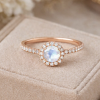 Diamond halo rainbow moonstone engagement ring, Diamond rose gold engagement ring moonstone ring