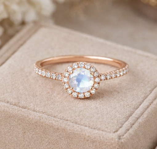 Diamond halo rainbow moonstone engagement ring, Diamond rose gold engagement ring moonstone ring
