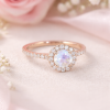 Diamond halo rainbow moonstone engagement ring, Diamond rose gold engagement ring Diamond halo rainbow moonstone engagement ring, Diamond rose gold engagement ring
