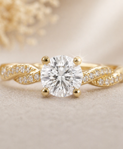 Diamond engagement ring solitaire with diamond band and prongs in solid 14k gold by Benati