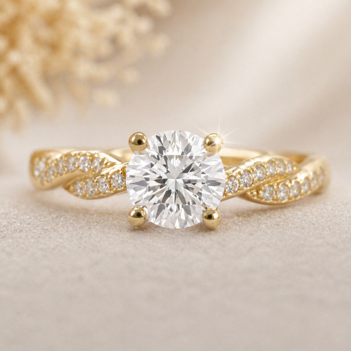 Diamond engagement ring solitaire with diamond band and prongs in solid 14k gold by Benati