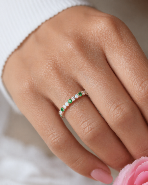 Opal Emerald Diamond Eternity Band, Thin Pave Multicolor Band