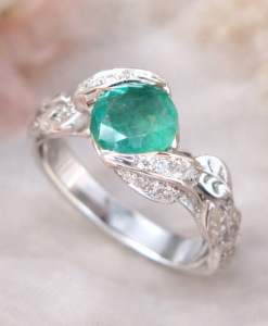 Rose Gold Nature Inspired Natural Emerald Engagement Ring, Leaves Ring
