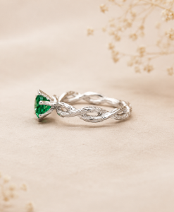 Nature Inspired Twig Natural Emerald Engagement Ring, Bark Wood Forest Celtic Ring - Image 4