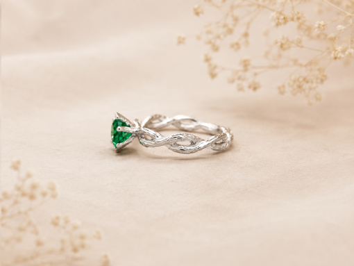 Nature Inspired Twig Natural Emerald Engagement Ring, Bark Wood Forest Celtic Ring