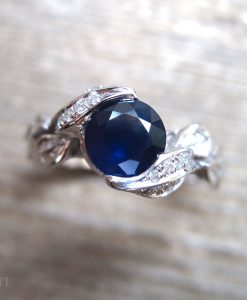 Natural Sapphire Leaf Engagement Ring, Leaf Sapphire Ring With Diamonds - Image 4