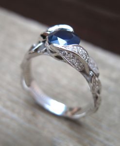 Natural Sapphire Leaf Engagement Ring, Leaf Sapphire Ring With Diamonds - Image 3