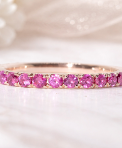 Rose gold ruby eternity ring, natural ruby wedding band, pink gemstone stacking ring, solid gold thin band, handmade fine jewelry, anniversary gift for her, delicate ruby ring, minimalist gold band, July birthstone ring