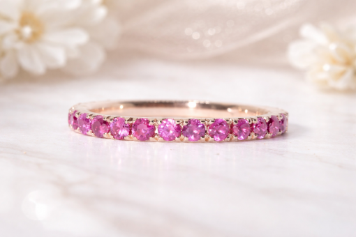 Rose gold ruby eternity ring, natural ruby wedding band, pink gemstone stacking ring, solid gold thin band, handmade fine jewelry, anniversary gift for her, delicate ruby ring, minimalist gold band, July birthstone ring