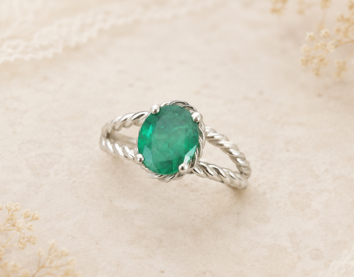 Natural Emerald Engagement Ring, Oval Braided Rope Ring