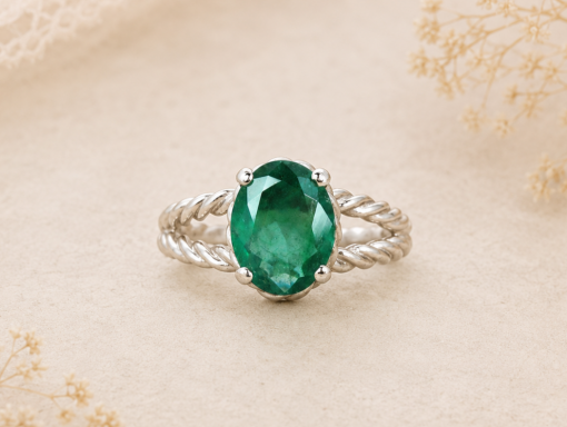 Natural Emerald Engagement Ring, Oval Braided Rope Ring