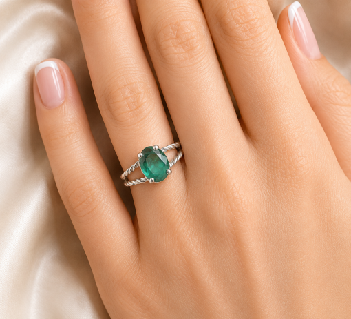 Natural Emerald Engagement Ring, Oval Braided Rope Ring