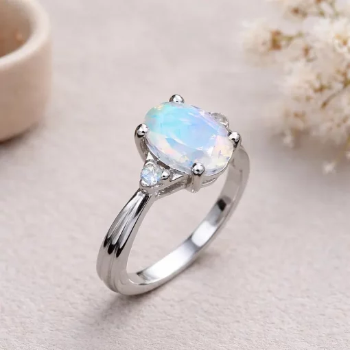 Vintage Moonstone Antique Engagement Ring, Three Stone 18K Oval Moonstone Rose Gold Ring