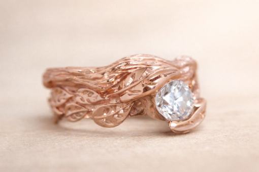 Rose Gold Diamond Leaf Bridal Set, Diamond Nature Inspired Wedding Set