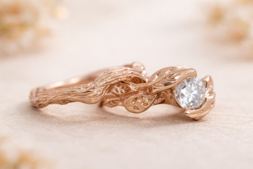 Rose Gold Diamond Leaf Bridal Set, Diamond Nature Inspired Wedding Set