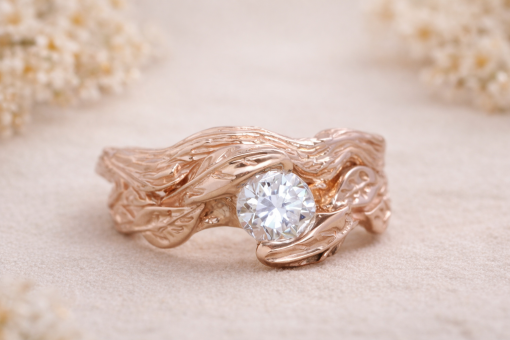Rose-Gold-Diamond-Leaf-Engagement-Ring-Set
